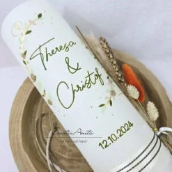 Hochzeitskerze Rustik weiß XXL mit Teelichteinsatz - Blätterranken mit filigranen Blüten