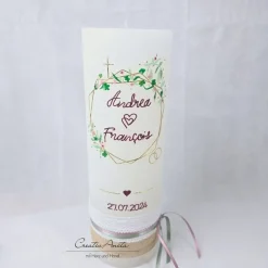 Hochzeitskerze Rustik weiß XXL mit Teelichteinsatz - Geometric Blätterkranz