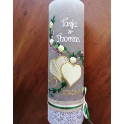 Hochzeitskerze Rustikal Rustica, Vintage-Look, Shabby, Hochzeitkerze, Brautkerze, Liebende Herzen, inkl Wachsbeschriftun