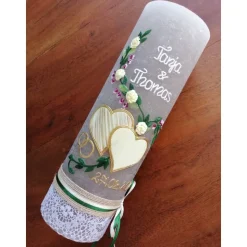 Hochzeitskerze Rustikal Rustica, Vintage-Look, Shabby, Hochzeitkerze, Brautkerze, Liebende Herzen, inkl Wachsbeschriftun