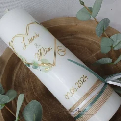 Hochzeitskerze weiß - Herz Geometric mit zarten Blättern - gold-eukalypthus