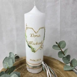 Hochzeitskerze weiß - Herz Geometric mit zarten Blättern - gold-eukalypthus