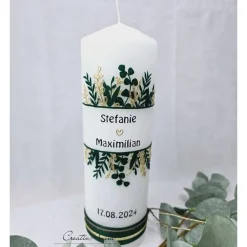 Hochzeitskerze Weiß, mit Blätter, Gräser in Gold- und Grüntöne 250x80mm
