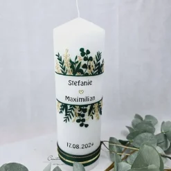 Hochzeitskerze Weiß, mit Blätter, Gräser in Gold- und Grüntöne 250x80mm