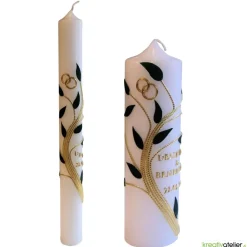 Hochzeitskerze weiß mit goldenen und grünen Blattranken, personalisierbar, edle Traukerze für Hochzeitsdeko und Geschenk