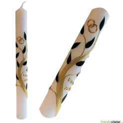 Hochzeitskerze weiß mit goldenen und grünen Blattranken, personalisierbar, edle Traukerze für Hochzeitsdeko und Geschenk