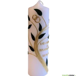 Hochzeitskerze weiß mit goldenen und grünen Blattranken, personalisierbar, edle Traukerze für Hochzeitsdeko und Geschenk