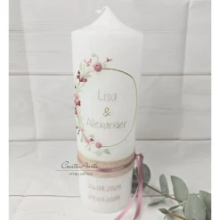 Hochzeitskerze weiß mit zarten Blümchen in altrosa-bordeaux 250x80 mm