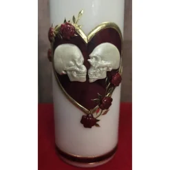 Hochzeitskerze 20x7 - Herz und Totenkopf - Rot marmoriert mit Gold