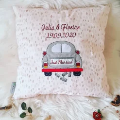 Hochzeitskissen bestickt, Hochzeitsauto, Geldgeschenk Hochzeit, Dekokissen Hochzeit, Geschenkidee Hochzeit, Geschenk zur