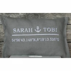 Hochzeitskissen bestickt mit Koordinaten und Anker  100% Leinen