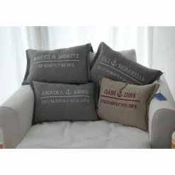 Hochzeitskissen bestickt mit Koordinaten und Anker  100% Leinen