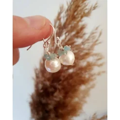 Hochzeitsohrringe Silber mit  weißer Perle und türkisem Apatit