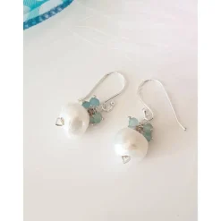 Hochzeitsohrringe Silber mit  weißer Perle und türkisem Apatit