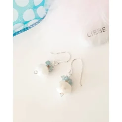 Hochzeitsohrringe Silber mit weißen Perlen und blauem Apatit