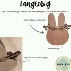 Holzanhänger Ostern aus Holz in Osterhasenform Blumenkranz personalisiert mit Name als kleines Geschenk, Hasenanhänger