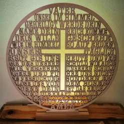 Holzaufsteller rund mit Gebet Vater unser im Himmel – Birkenholz, gelasert, Geschenk zur Kommunion & Konfirmation