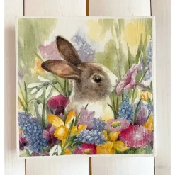 Holzbild, Hase in Blumenwiese, zum Aufhängen oder Aufstellen; Ostern