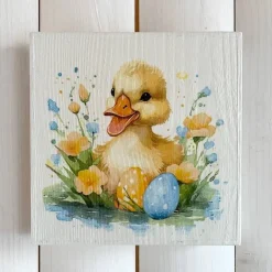 Holzbild, kleine Ente mit Ostereiern, zum Aufhängen oder Aufstellen; Ostern