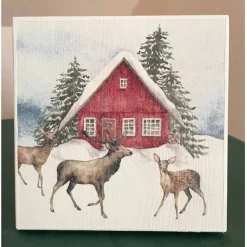 Holzbild, Rehe vor rotem Haus, zum Aufhängen oder Aufstellen, Weihnachten