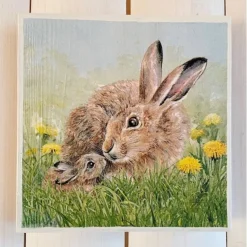 Holzbild, zwei Hasen im Löwenzahn, zum Aufhängen oder Aufstellen; Ostern