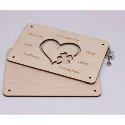 Holzkarte - Geschenkkarte zum Geburtstag - Herz mit Kleeblatt - Glückwünsche
