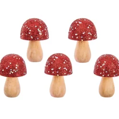 Holzpilze Glitter Rot - 5er-Set funkelnde Mini-Dekopilze
