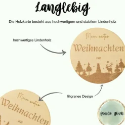 Holzscheibe personalisiert Unser erstes Weihnachten Christbaumschmuck aus Holz Baby gravierte Meilensteinkarte aus Linde
