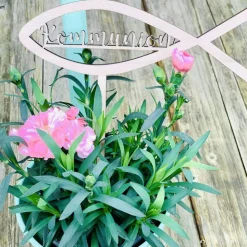 Holzschild Kommunion - Taufe - Firmung -  Blumenstecker Deko Christlicher Fisch Kommunionsfeier - Tauffeier