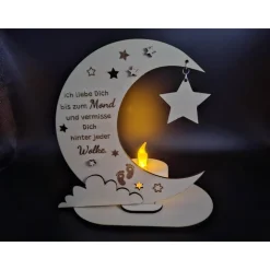 Holzschild mit persönlicher Gravur - Mond - als Andenken an Dein Sternenkind, geliebte Person, Trauerlicht,