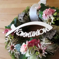 Holz-Schriftzug "Kommunion" in Fisch Ichtys für Türkranz