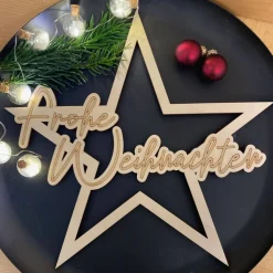 Holzstern Frohe Weihnachten – Weihnachtsdeko mit Gravur für Türkranz, verschiedene Größen