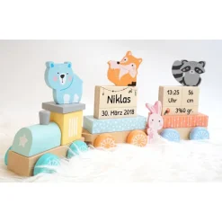 Holzzug mit Geburtsdaten und Name, personalisierte Holzeisenbahn, Geschenk zur Geburt, Eisenbahn bedruckt, Lokomotive