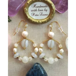 HOOP-Ohrringe CHALCEDON, echt MONDSTEIN + PERLE Geburtsstein JUNI, Sternzeichen ZWILLINGE, KREBS, SCHÜTZE, Braut-Schmuck