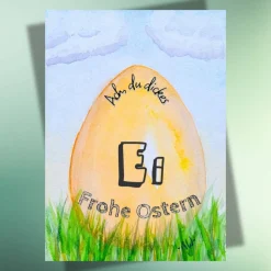 Humorvolle Oster-Postkarte „Ach, du dickes Ei – Frohe Ostern“ auf Kraftpapier