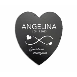 Individuell gravierte Schiefertafel in Herzform – wetterfester Gedenkstein & Grabstein handgemacht