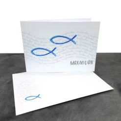 Individuelle Einladungskarte zur Konfirmation, Kommunion oder Firmung – Design "Fische" mit Glitzereffekt