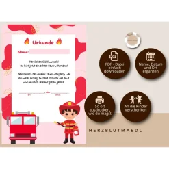 Individuelle Urkunde für kleine Feuerwehrhelden A4 - Perfektes Feuerwehr Geschenk für Kinder | Feuerwehrparty | Mitgebse