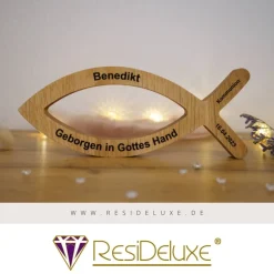 JONA Religiöser Fisch Holz Personalisiert Gravur Geschenk Geburt Taufe Kommunion Firmung