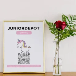 Juniordepot | Personalisiertes Geldgeschenk | Aktie ETF Kryptowährung QrCode Bild | Motiv Einhorn
