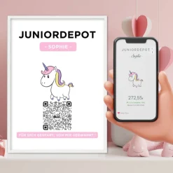 Juniordepot | Personalisiertes Geldgeschenk | Aktie ETF Kryptowährung QrCode Bild | Motiv Einhorn