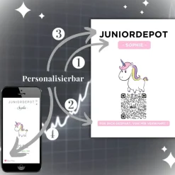 Juniordepot | Personalisiertes Geldgeschenk | Aktie ETF Kryptowährung QrCode Bild | Motiv Einhorn