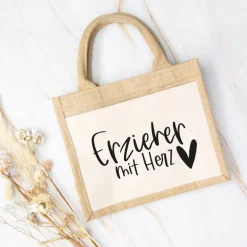 Jute-Tasche „Erzieher mit Herz“ – Geschenk zum Abschied aus der Kita oder dem Kindergarten