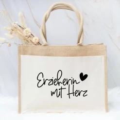 Jute-Tasche „Erzieherin mit Herz“ – Geschenk zum Abschied aus der Kita oder dem Kindergarten