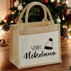 Jutetasche Weihnachten/Nikolaus mit Motiv – nachhaltige Geschenkverpackung mit Einsteckfach