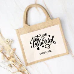 Jutetasche zur Hochzeit – Just Married mit Namen personalisiert & Wunschfarbe, Geschenktasche