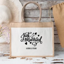 Jutetasche zur Hochzeit – Just Married mit Namen personalisiert & Wunschfarbe, Geschenktasche