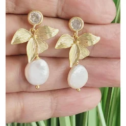 18K Hochzeitschmuck,Natürliche Süßwasserperlen Ohrringe Vergoldet, Braut Ohrstecker