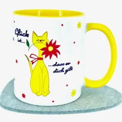 Kaffee-Tasse Katzen-Motiv mit Blume, Geschenk Freund Freundin Glück ist ... dass es dich gibt