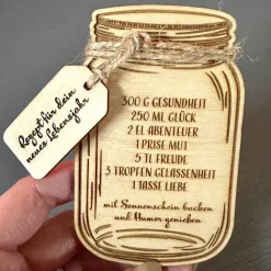 Karte aus Holz, Glückwunschkarte Geburtstag, Rezept für dein neues Lebensjahr, Vorratsglas, Mason Jar